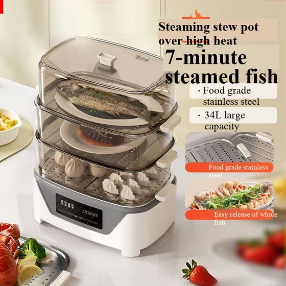 24L/25QT Electric Steamer, 3 Tier Food Steamer, Commercial Stainless Steel Steamer with Detachable Water Tank, Large Capacity Breakfast Machine with Timer, for Home, Restaurant, Pa...